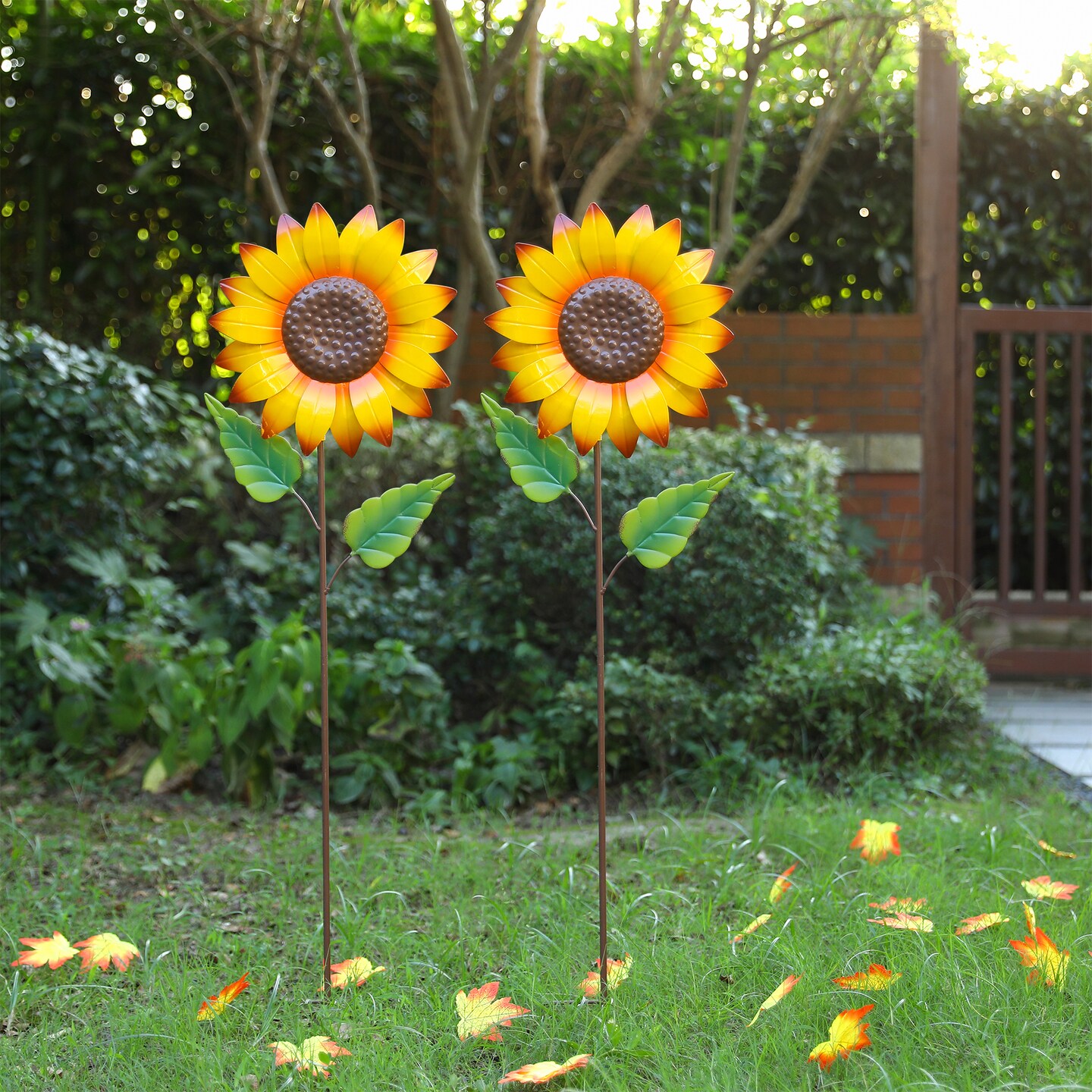 Set of 2 42&#x22;H Fall Metal Sunflower Yard Stakes(KD)