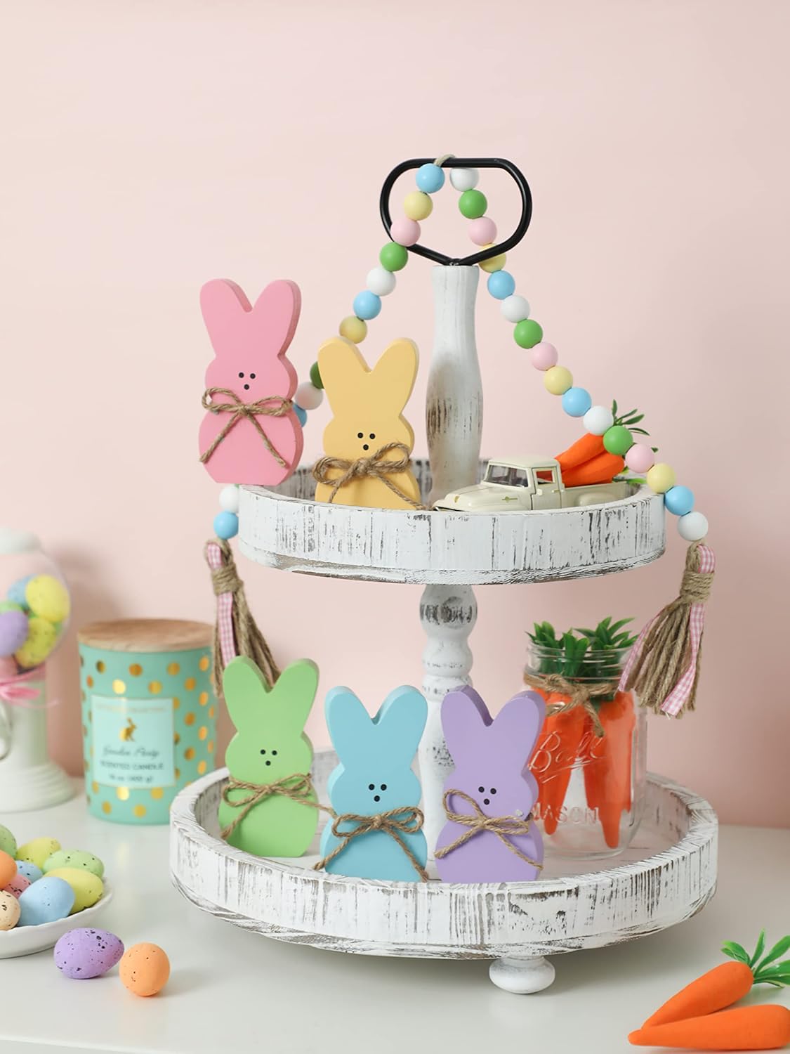 5-Piece Easter Wooden Peep Bunny Tiered Tray & Tabletop Decor
