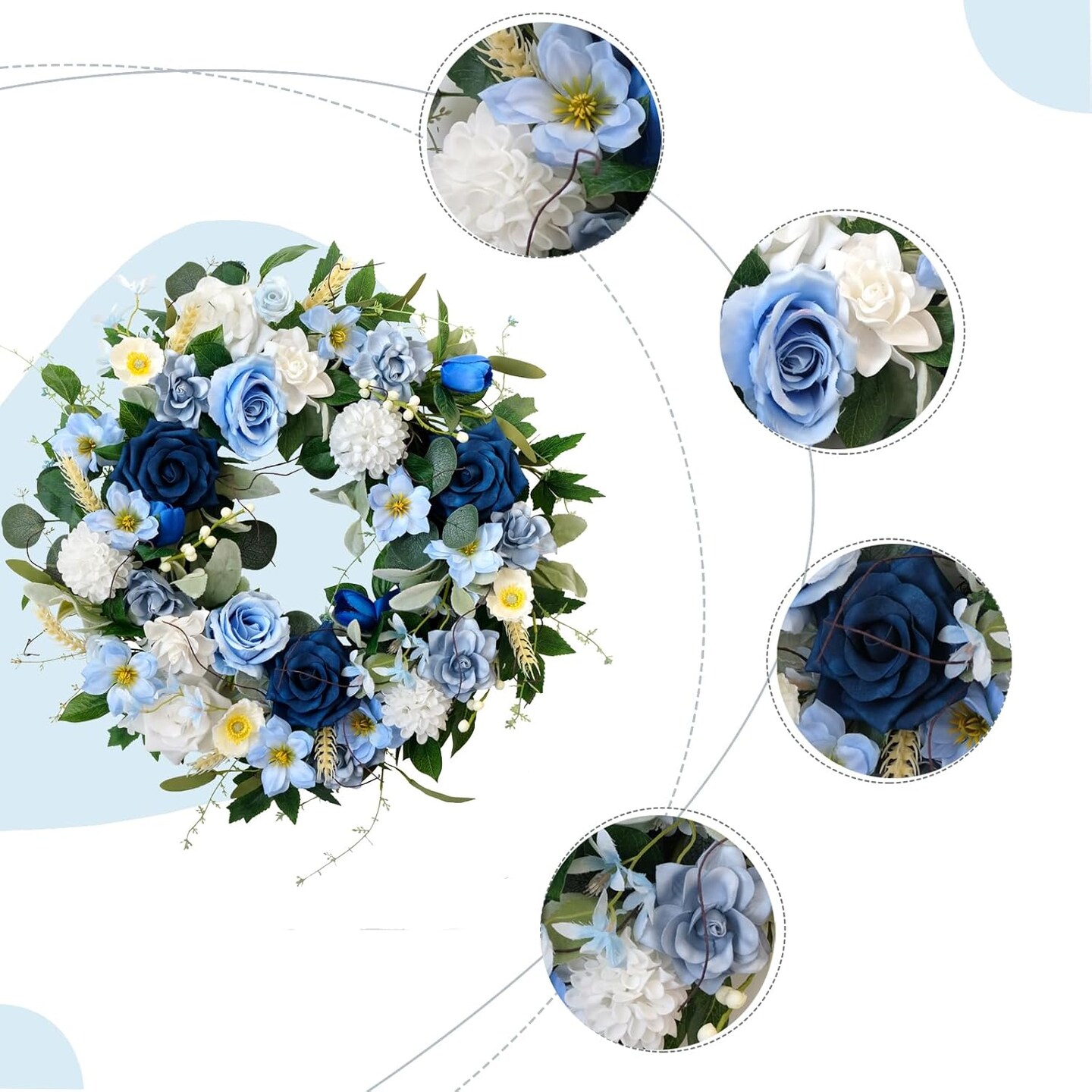 22 Inch Spring/Summer Floral Wreaths for Front Door,Artificial Decoration Wreath with Rose Dahlia Hydrangea