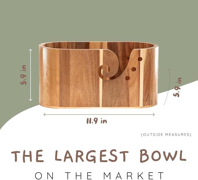Acacia Wooden Yarn Bowl Holder Extra Large (11.9&#x27;&#x27; x 5.9&#x27;&#x27; x 5.9&#x27;&#x27;) Large Yarn Bowls for Crocheting Yarn Holder Bowl Yarn Bowl Wood Crochet Bowl Gift For Knitters Yarn Storage