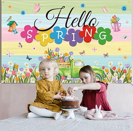 Hello Spring Backdrop Banner 71 x 45 Inch Large Colorful Spring Truck Tulips Flowers Background Banner Spring Easter Holiday Party Decorations Spring Break Indoor Outdoor Photo Booth Props