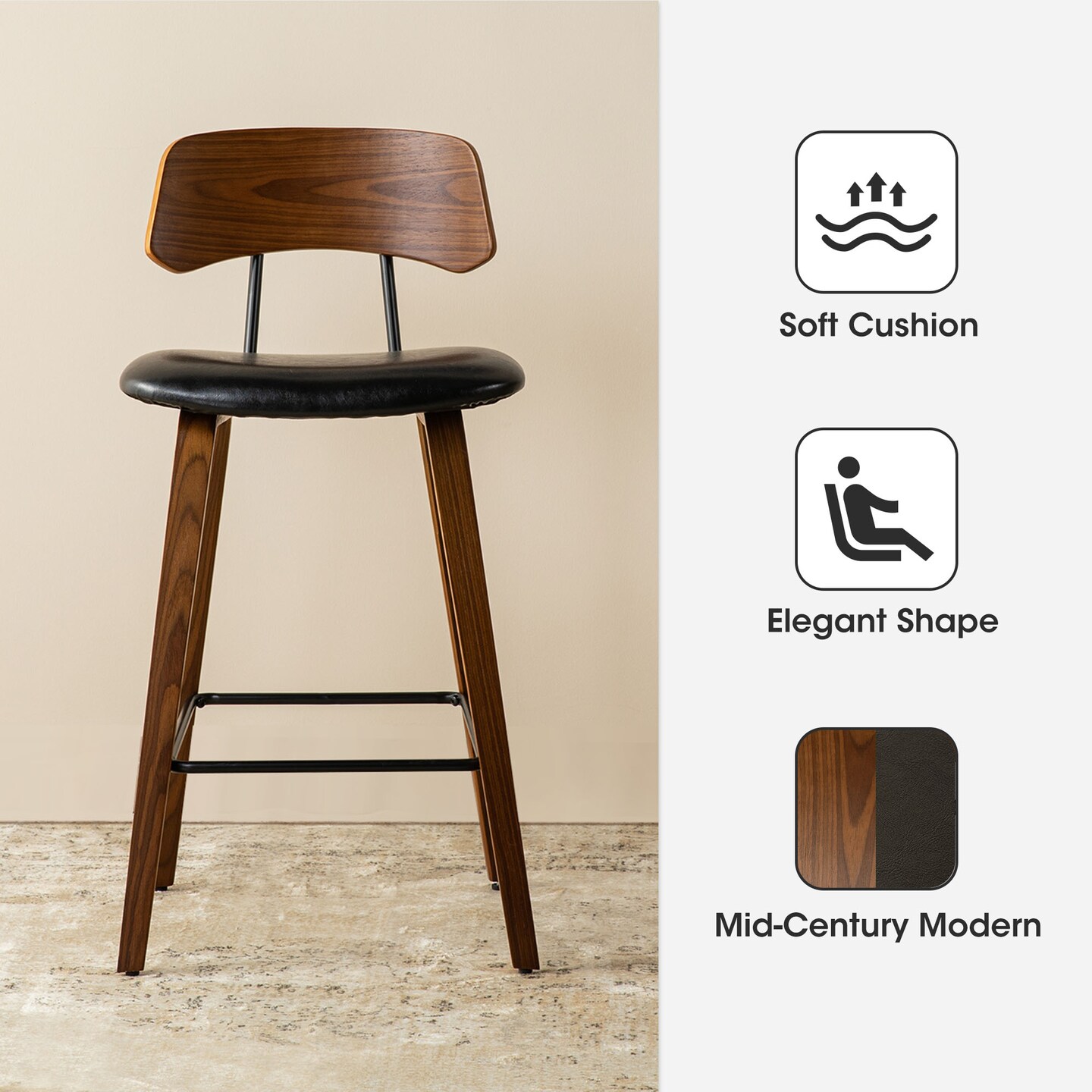 38&#x22;H Mid-Century Modern PU Leather Wood Armless Bar Stools