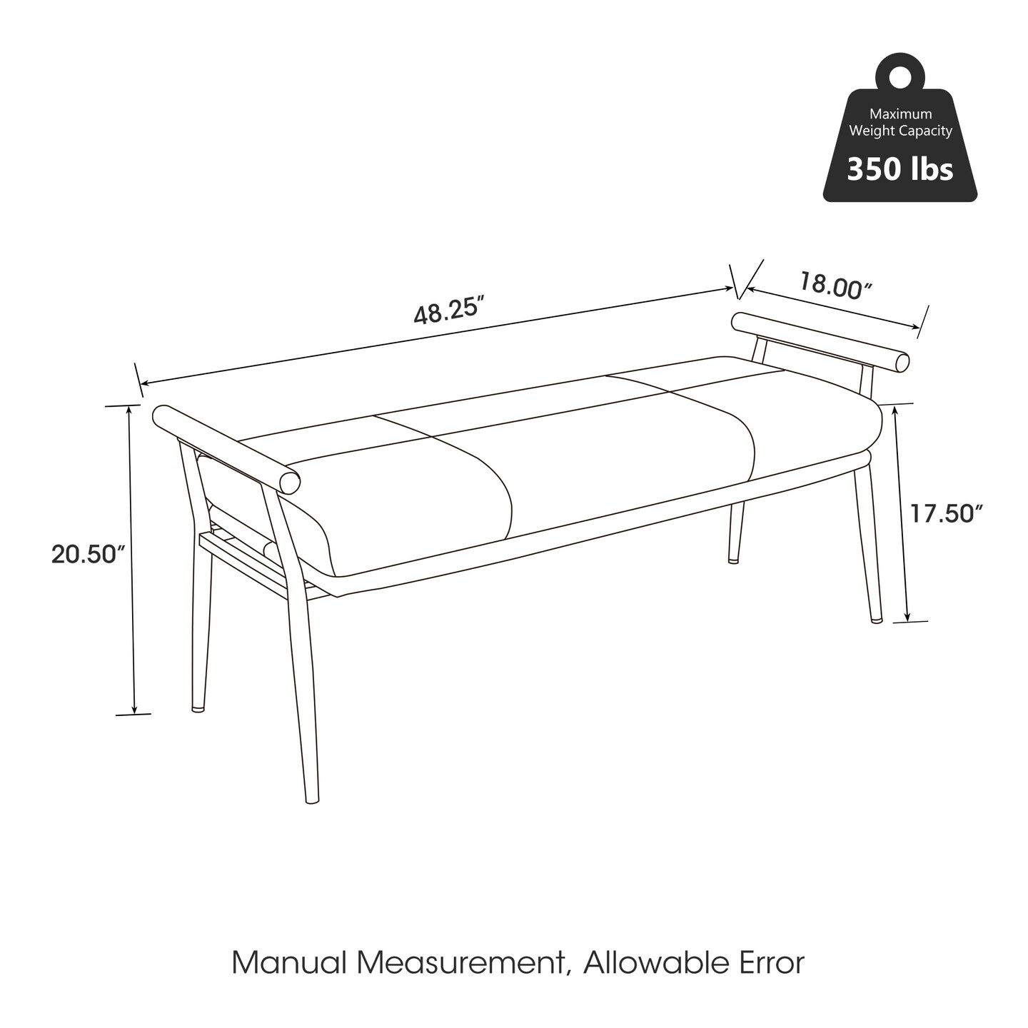 48.25&#x22;W Modern Brown Upholstered Bench with Wooden Arms and Metal Legs