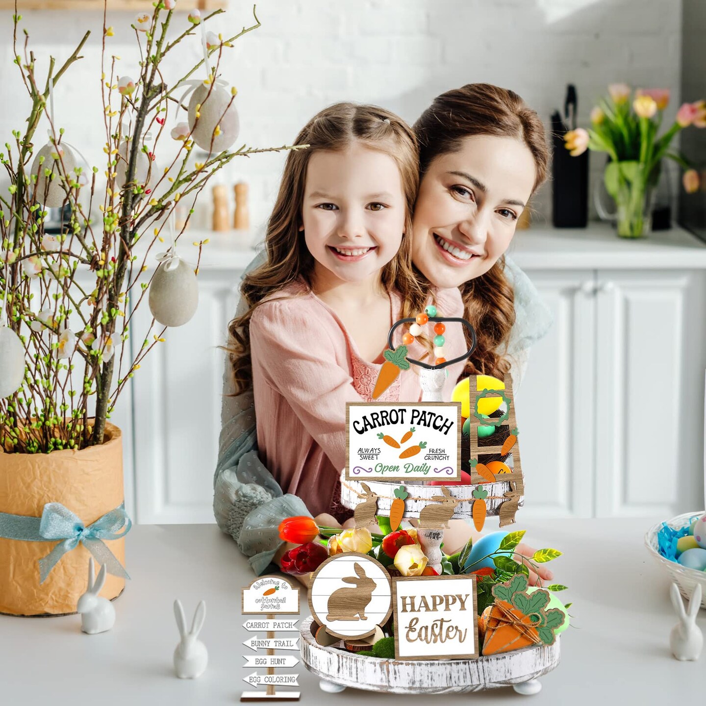 12 Pcs Easter Tiered Tray Decor Wooden Carrot Patch Bunny Egg Items Happy Easter Tray Signs for Spring Home Farmhouse Rustic Kitchen Decorations (Wooden Bunny)