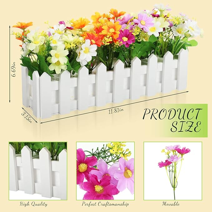 4 Sets Artificial Flower Plants in Pots Artificial Flowers for Outdoors Mixed Color Fake Daisies in Picket Fence Faux Plants for Indoor Outdoor Home Window Office Decoration(Multicolor)