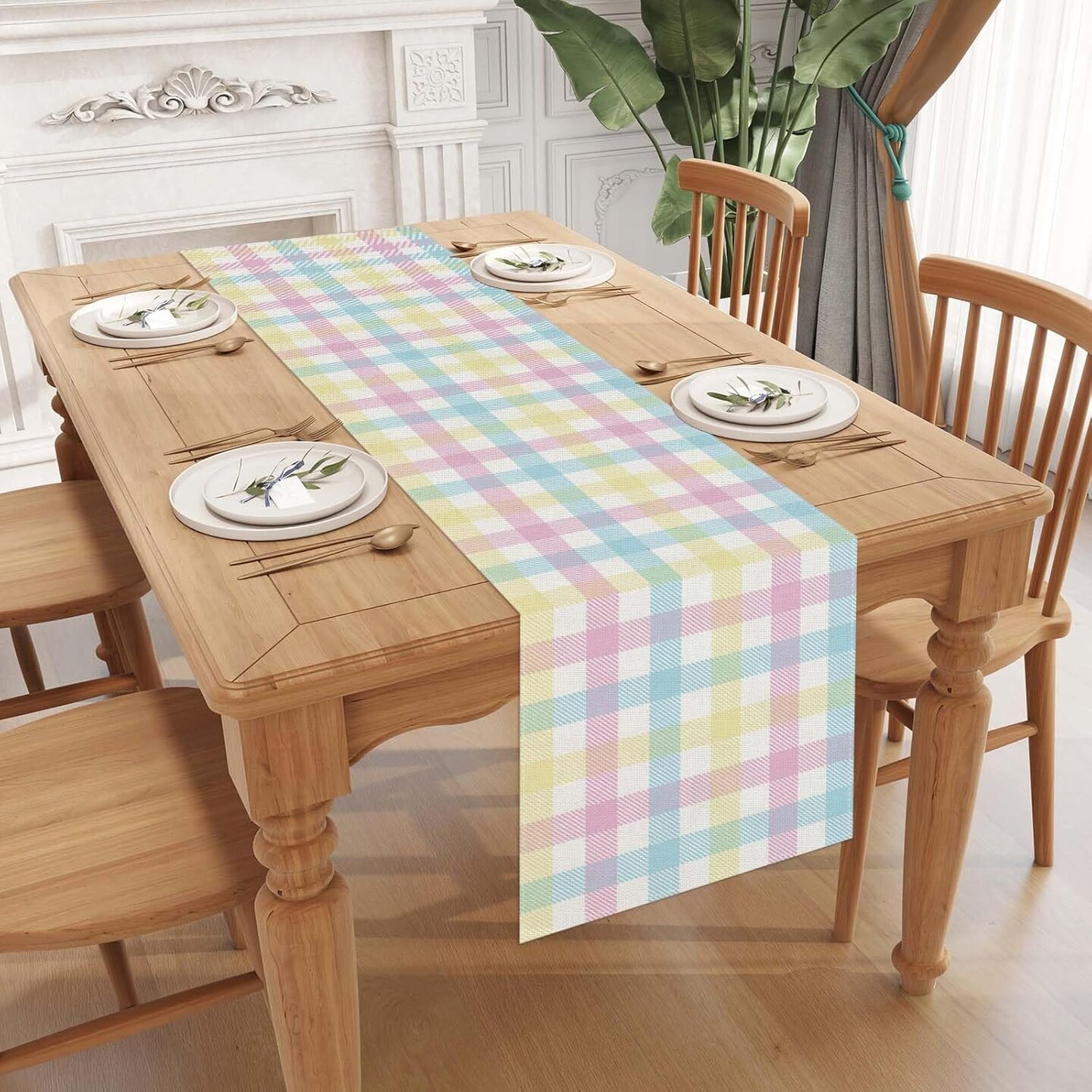 72" Linen Buffalo Check Plaid Table Runner – Farmhouse Spring & Summer Easter Decor for Home & Dining