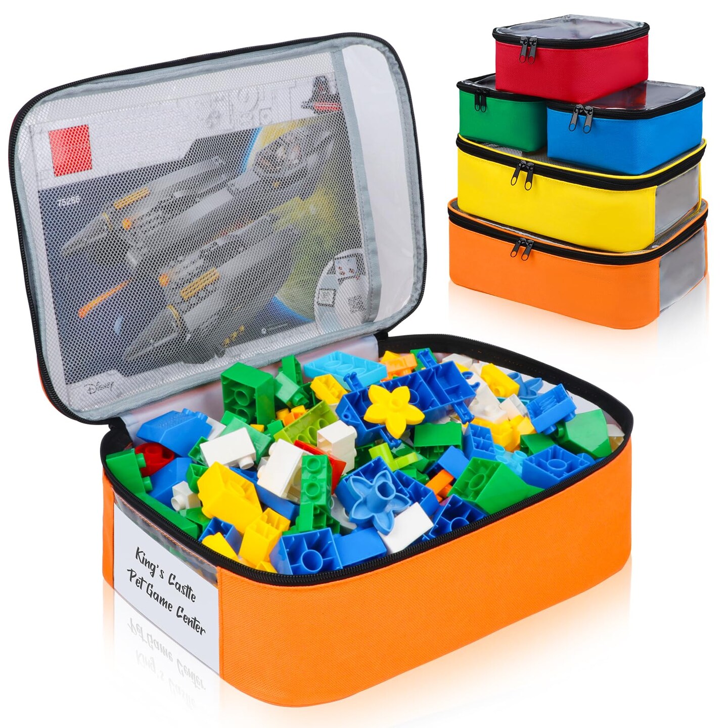 5 Pack Toy Storage Bags Compatible with LEGO Bricks, Portable Carrying Case for LEGO Easy Organizer, Puzzles Blocks Containers&#x26; Board Game Bins with Name Tag, Manual Pocket, Visible Top&#x26; Handle