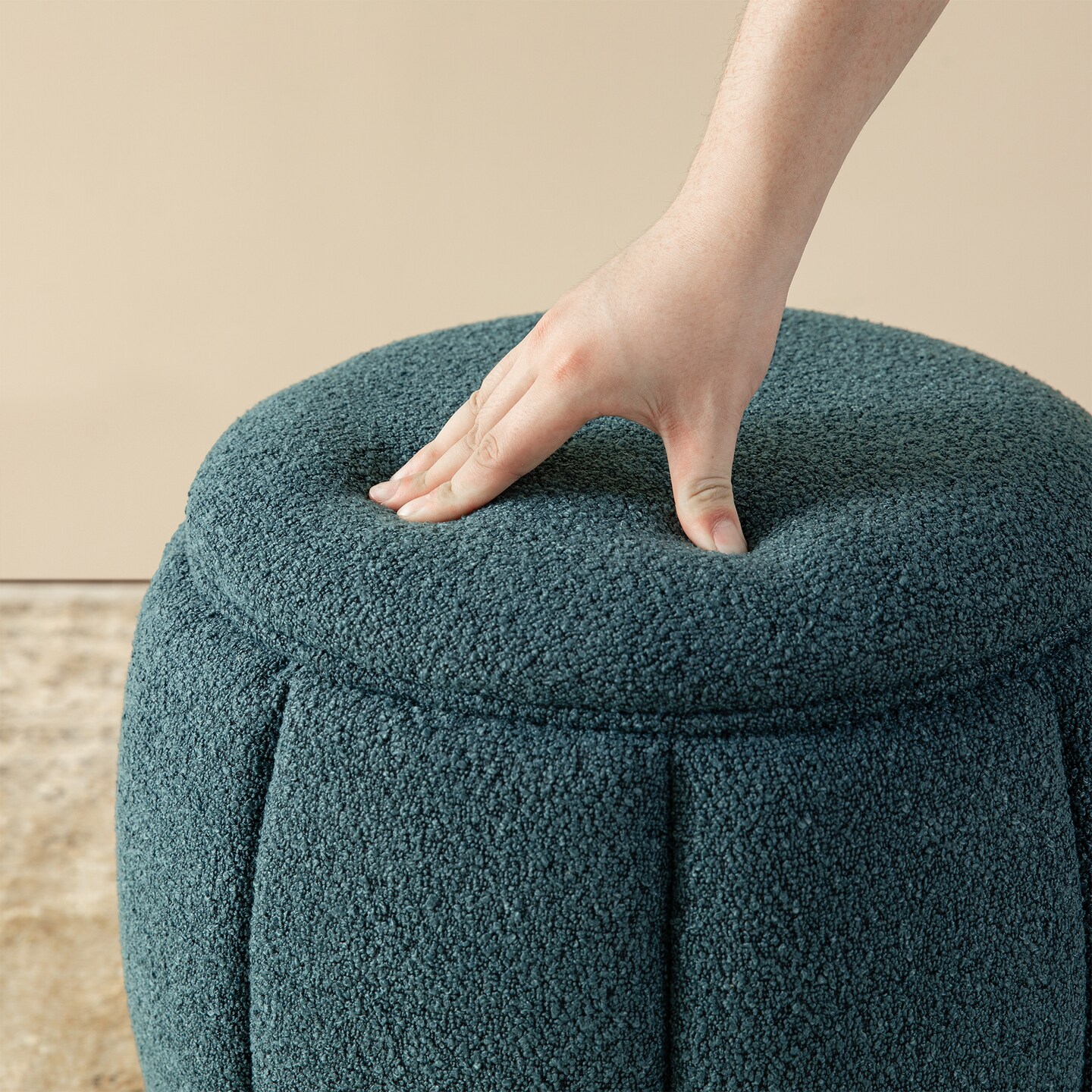 19"H Boucle Upholstered Storage Ottoman Stool with Rubberwood Feet