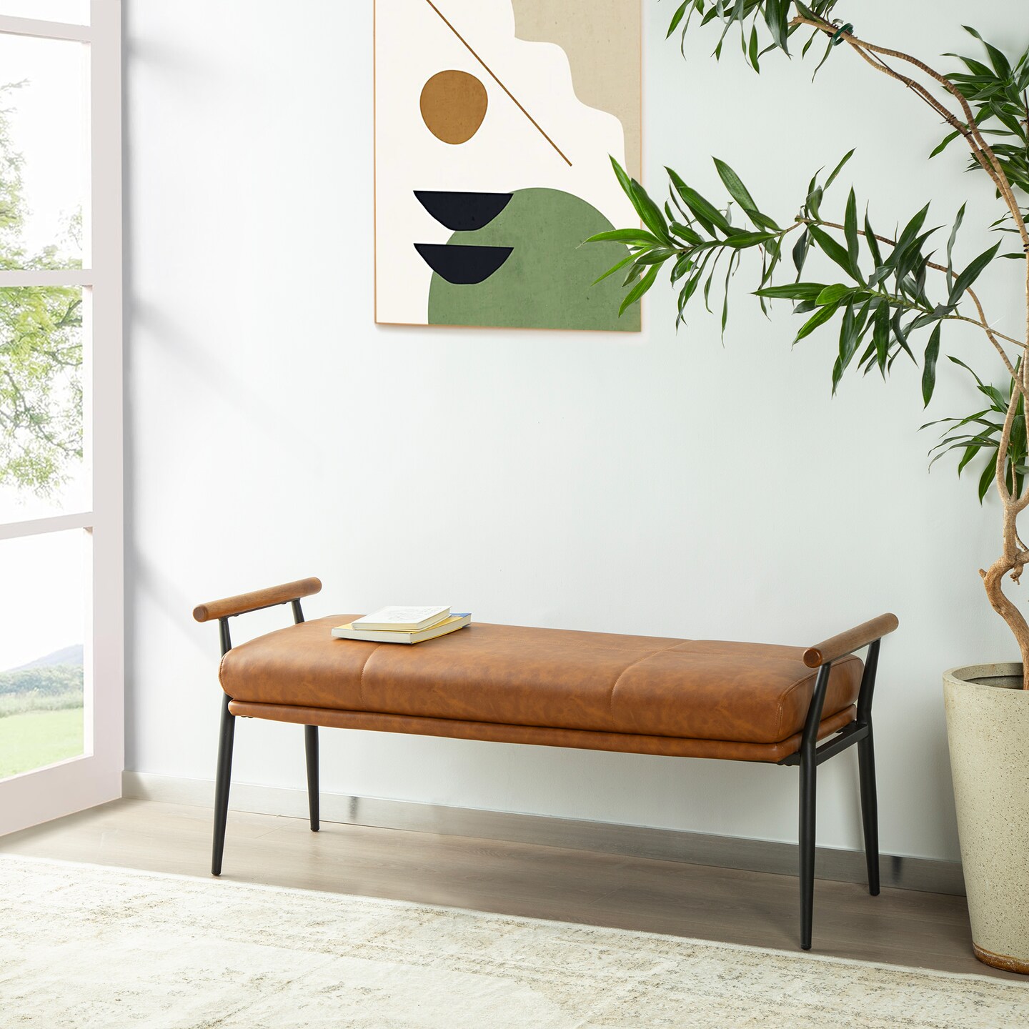 48.25&#x22;W Modern Brown Upholstered Bench with Wooden Arms and Metal Legs