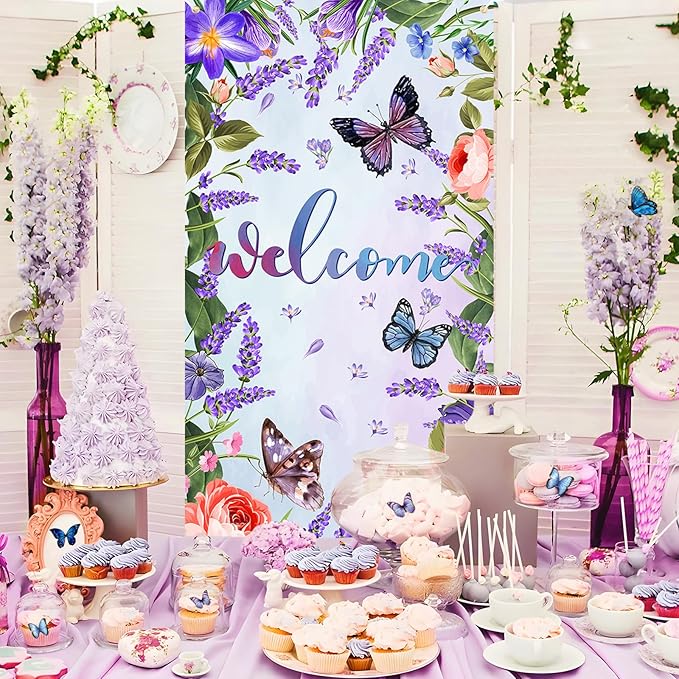 Purple Welcome Butterfly Door Cover Welcome Summer Door Decorations Banner Butterfly Flower Porch Banner Sign Photo Background for Summer Spring Seasonal Welcome Holiday Party Indoor Outdoor Decor