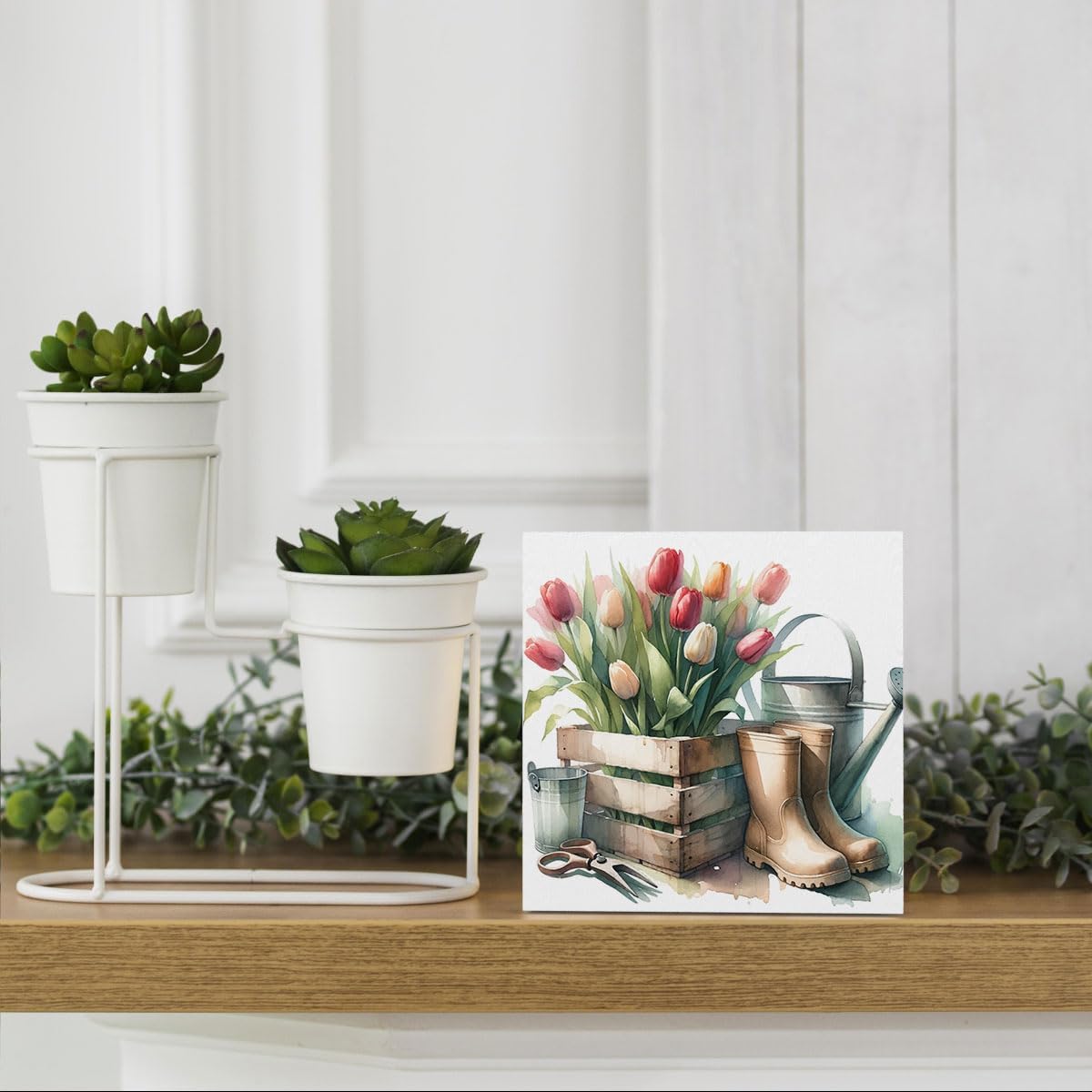 Rustic Farmhouse Spring Home Office Desk Decor Country Decor Tulips Sign Cubicle Shelf Tabletop Tiered Tray Decor Gardening Gift for Women Her 5 X 5 Inch