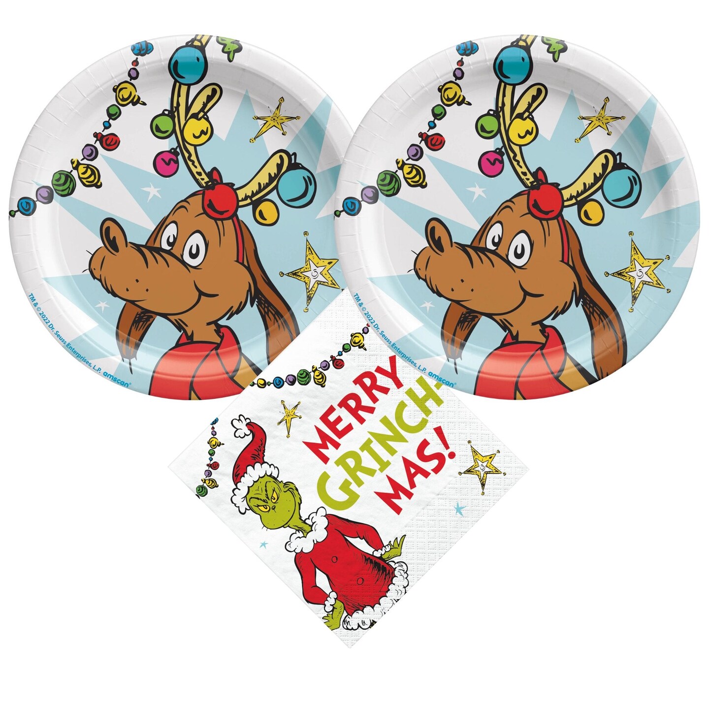 Dr. Seuss The Grinch Christmas Party Supplies Bundle with Appetizer Plates Featuring &#x22;Max&#x22; and The Grinch Napkins for 16 Guests - Serves 16
