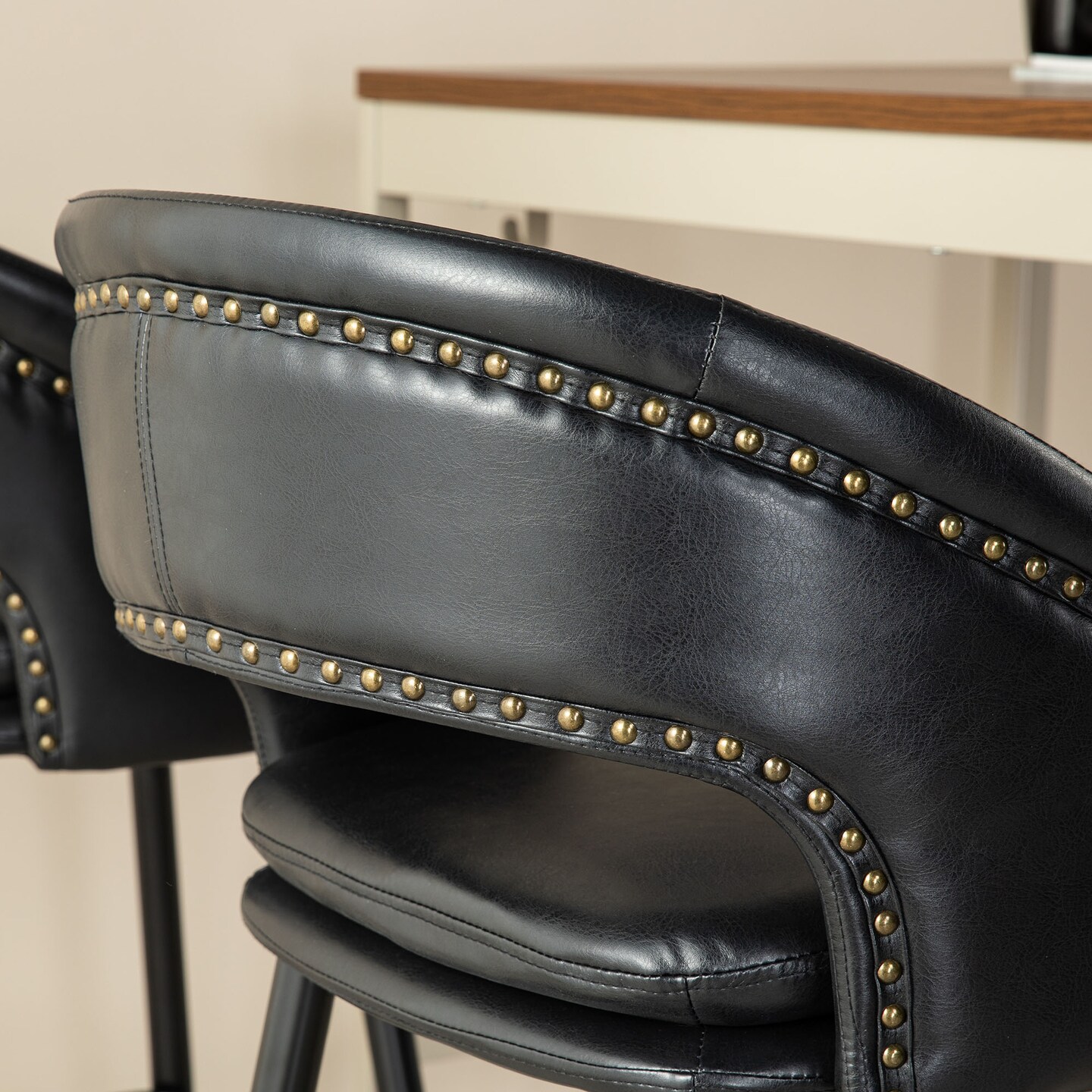 Set of 2/4 Mid-Century Modern 40.5&#x22;H Faux Leather Bar Stools with Nailhead Trim