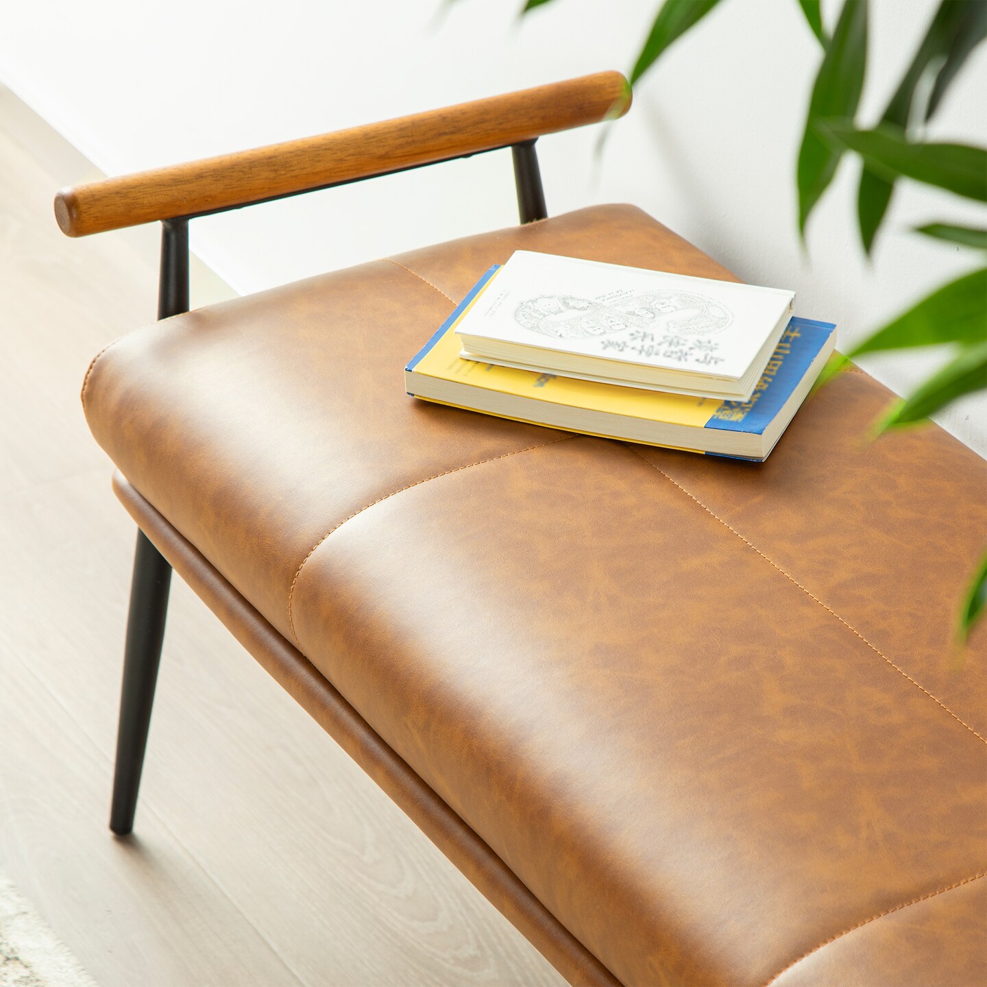 48.25&#x22;W Modern Brown Upholstered Bench with Wooden Arms and Metal Legs