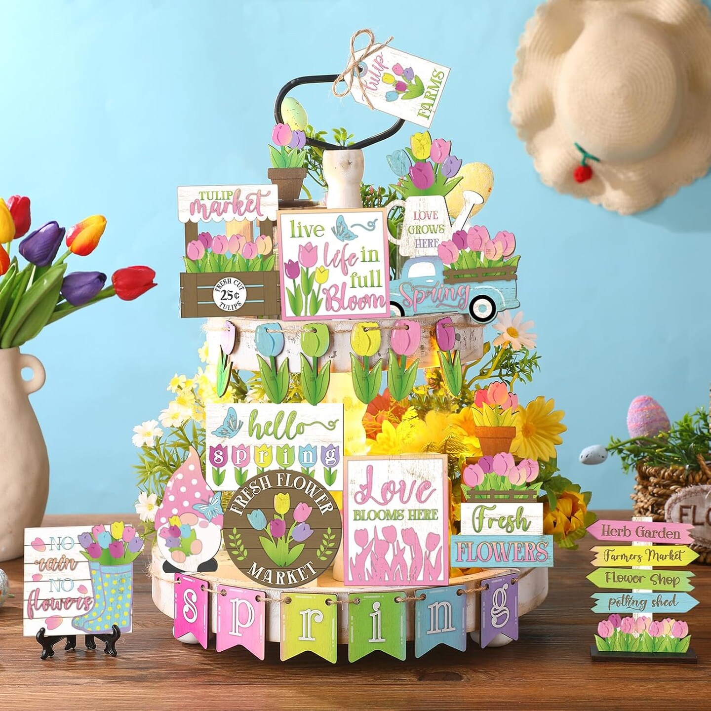 26-Piece Spring Tiered Tray Decor Set – “Hello Spring” Wooden Flowers, Gnome & Truck Centerpieces for Farmhouse Decor
