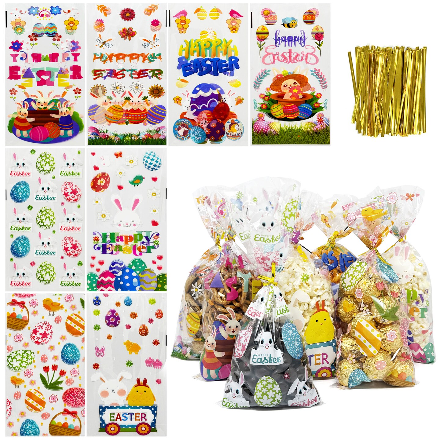 Wrapables Easter Cellophane Treat Bags With Twist Ties for Candy, Cookies, Treats, Gifts and Party Favors (100pcs), Happy Easter