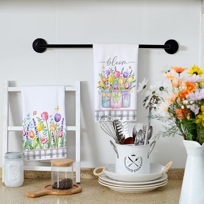 Lavender Tulip Spring Kitchen Towels Dish Towels Set of 2,Pink Floral Hand Towels 18x26 Inch Drying Dishcloth,Farmhouse Home Seasonal Spring Decorations AD273