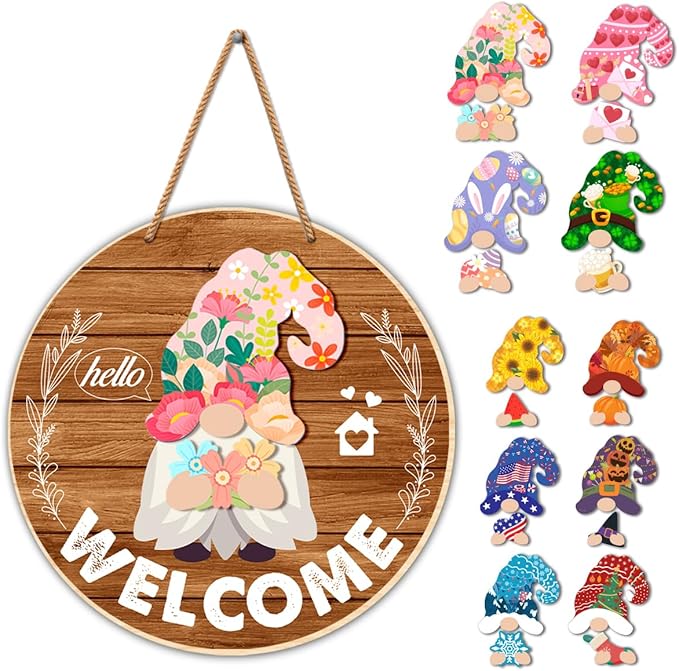Gnome Welcome Sign Interchangeable Porch Decor, DIY Seasonal Decor Wood Winter Spring Valentine&#x27;s Day Wreath Hangers for Front Door Changeable Holiday Gnomes Decorations for Home Wall Decor (21 Pcs)
