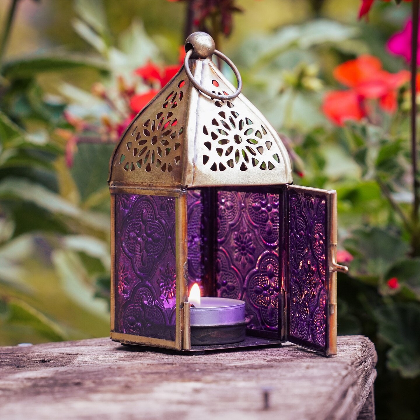 In the Breeze 9203 &#x2014; Purple Mini Square Tealight Lantern &#x2014; Moroccan-Style Boho Chic Tealight Glass and Metal Tabletop Lantern