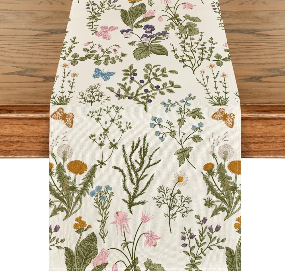Wildflowers Floral Spring Table Runner, Butterfly Seasonal Summer Kitchen Dining Table Decoration for Home Party Decor 13x90 Inch