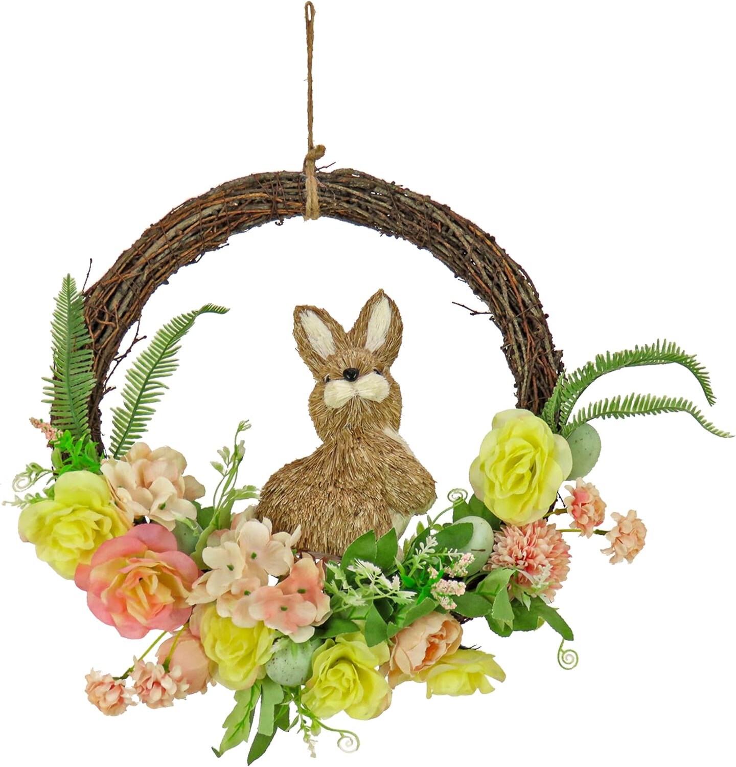 Artificial Hanging Wreath, Woven Branch Base, Decorated with Pastel Flower Blooms, Bunny, Leafy Greens, Easter Collection, 16 Inches