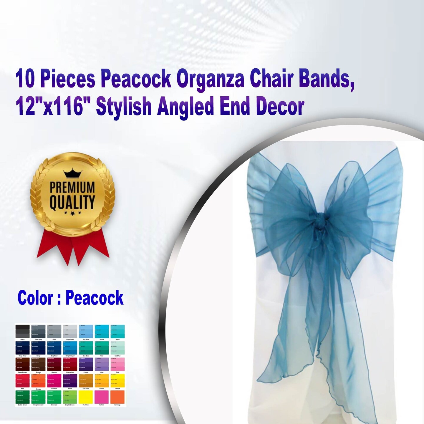 10 Pieces Peacock Organza Chair Bands, 12&#x22;x116&#x22; Stylish Angled End Decor