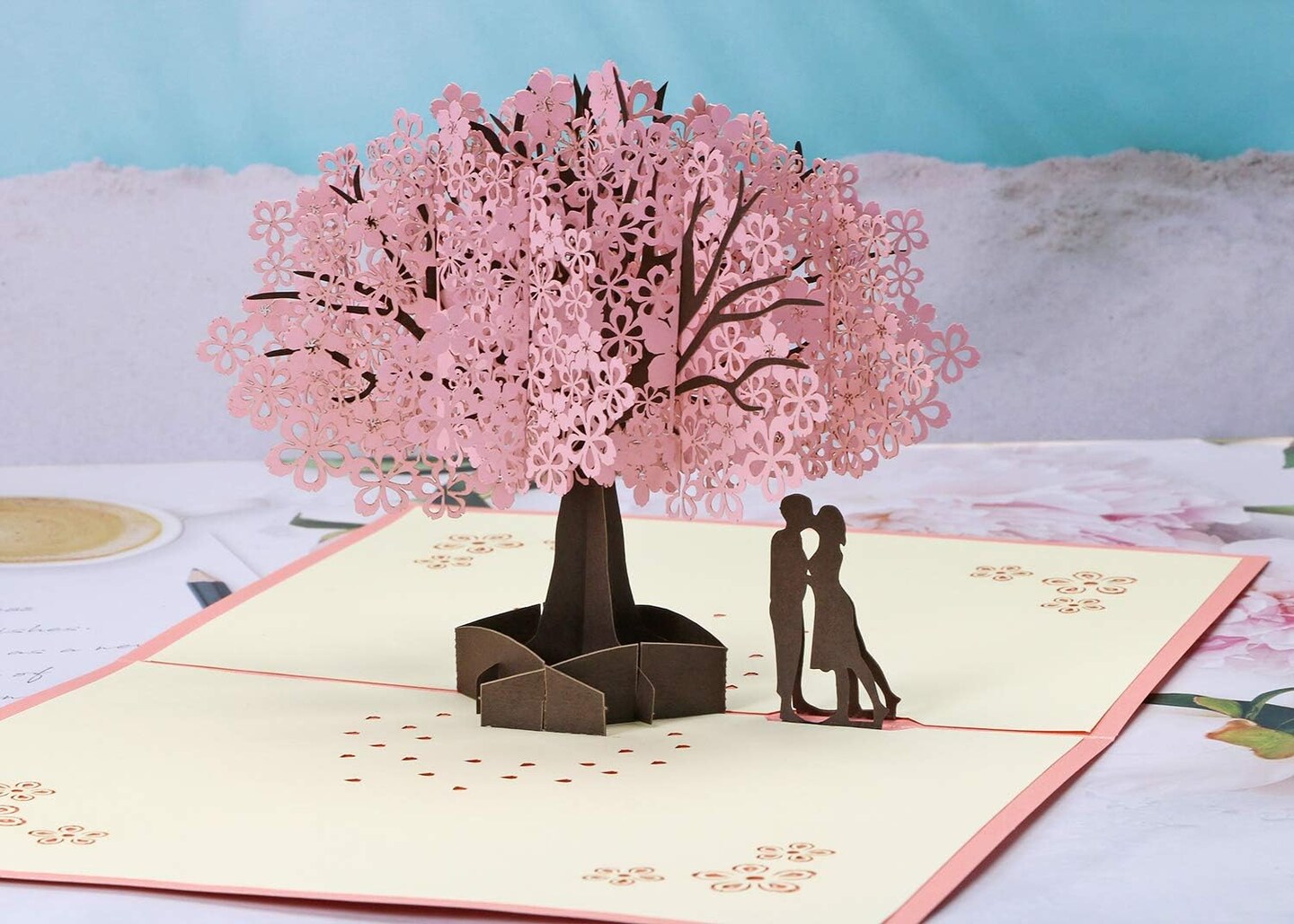 Handmade Cherry Blossom Card Pop Up 3D Flower Card Romantic Love Letter Greeting Anniversary Wedding Valentine Birthday Gift Card Blank Stationery Paper Card for Her Him Husband Wife