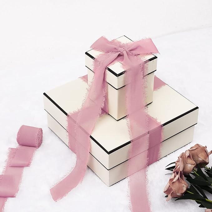 3 Rolls Dusty Rose Handmade Fringe Chiffon Ribbon 1.5 Inch x 7 Yard Silk-Like Ribbon Colorful Rustic Ribbon for Bouquets Wrapping Decor Wedding Invitation Accessories