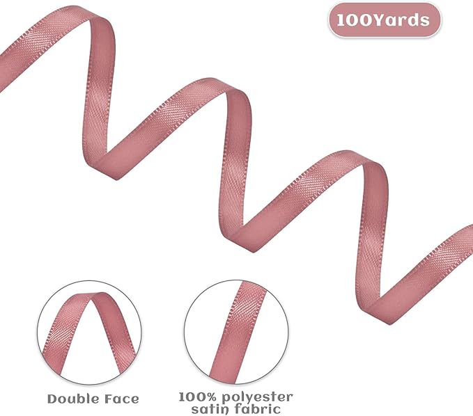 Dusty Pink Satin Thin Ribbon 1/4 Inch 100 Yards Double Faced Satin Ribbons for Gift Wrapping Crafts Weddings Invitations Flower Bouquet Bow Sewing