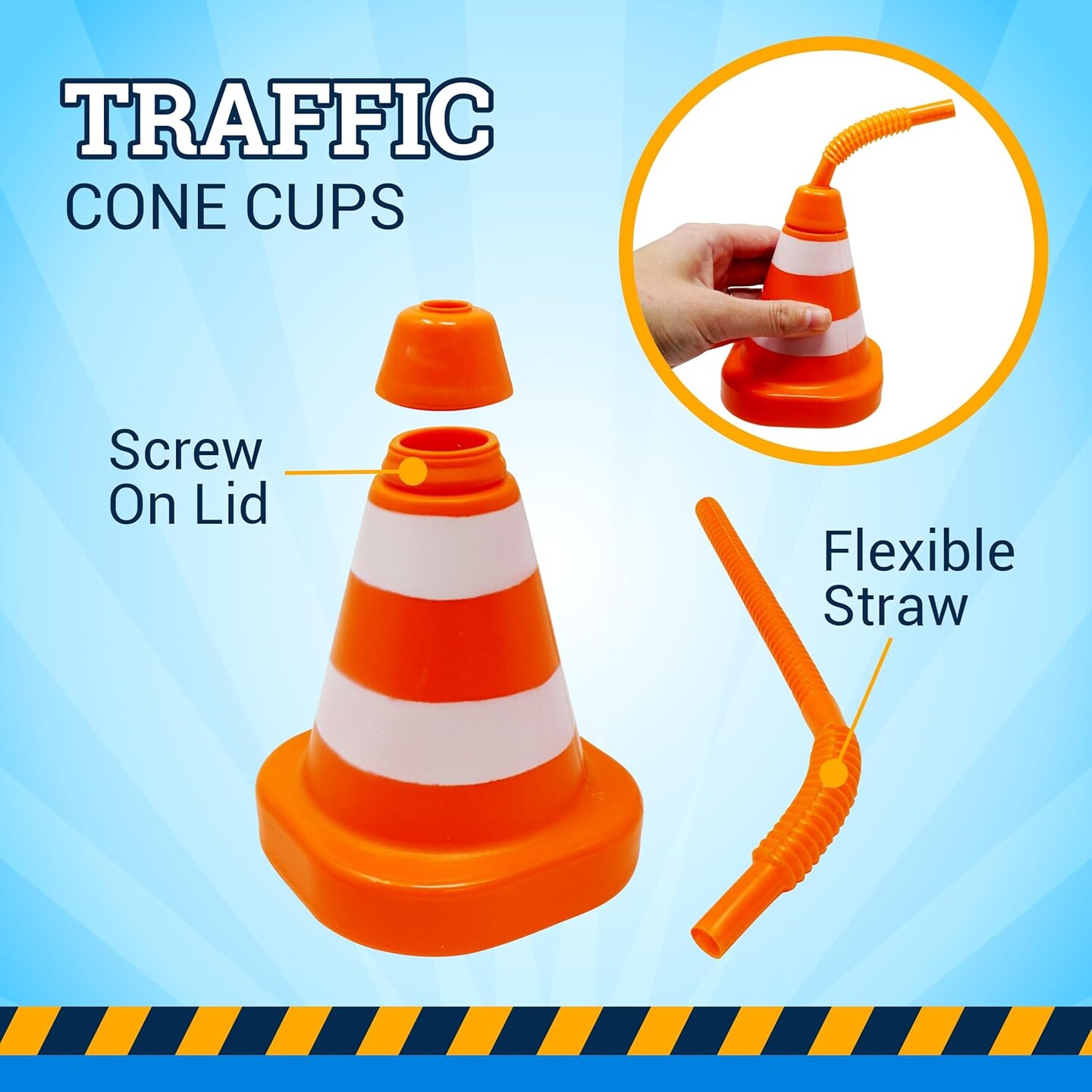 4E&#x27;s Novelty 8-Pack Construction Cone Cups, 10oz Plastic Cup with Lid &#x26; Straws, Construction Theme Party Cups