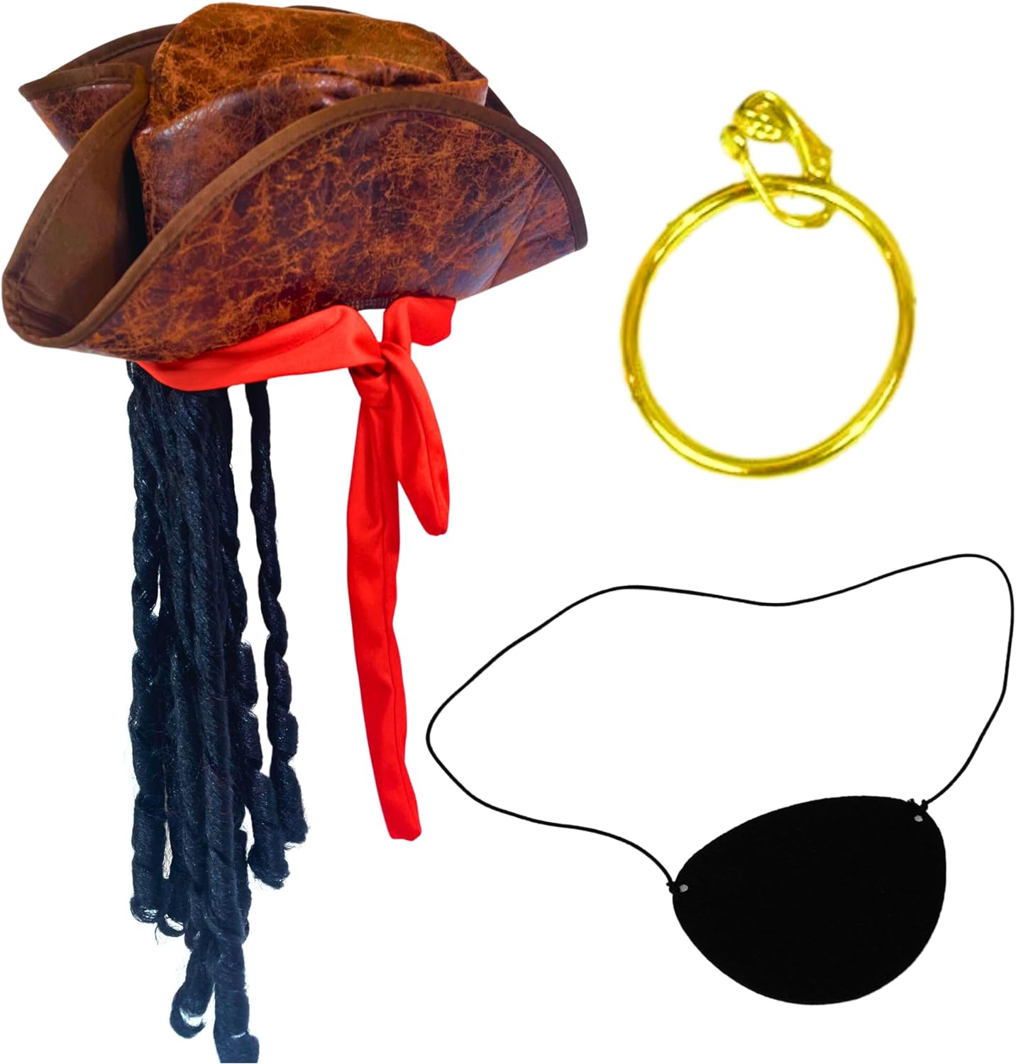 4E&#x27;s Novelty Eye Patch, Pirate Hat with Dreadlocks Hair &#x26; Red Bandana (3 Pcs Set) - Pirate Accessories for Costume, Cosplay &#x26; Birthday Party Decors