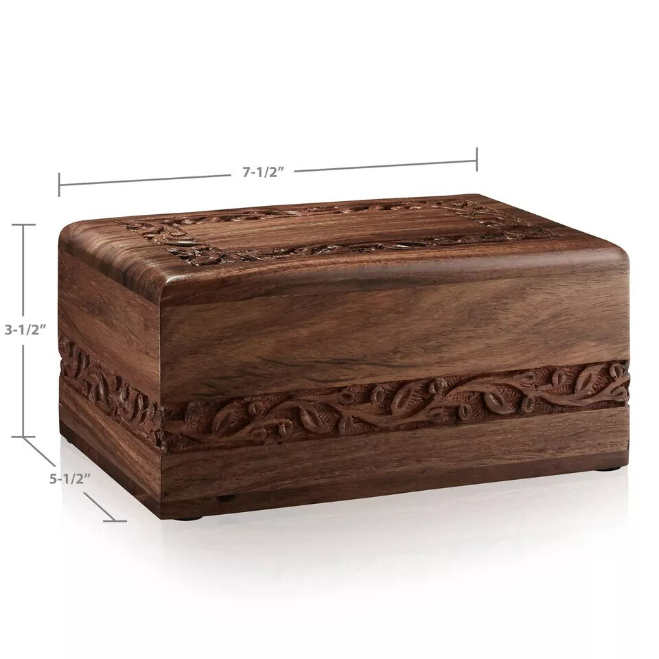 Rosewood Hand-Carved Wood Memorial Cremation Box with Velvet Bag - Medium
