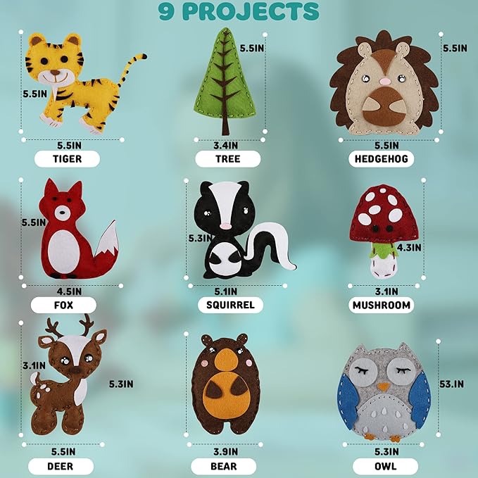 Kids Sewing Kit for Kids, Fun & Educational Woodland Animals Sew Craft Set for Boys and Girls Ages 8-12, Complete Beginner Sewing Kit with Felt Plushie for Creative DIY Projects