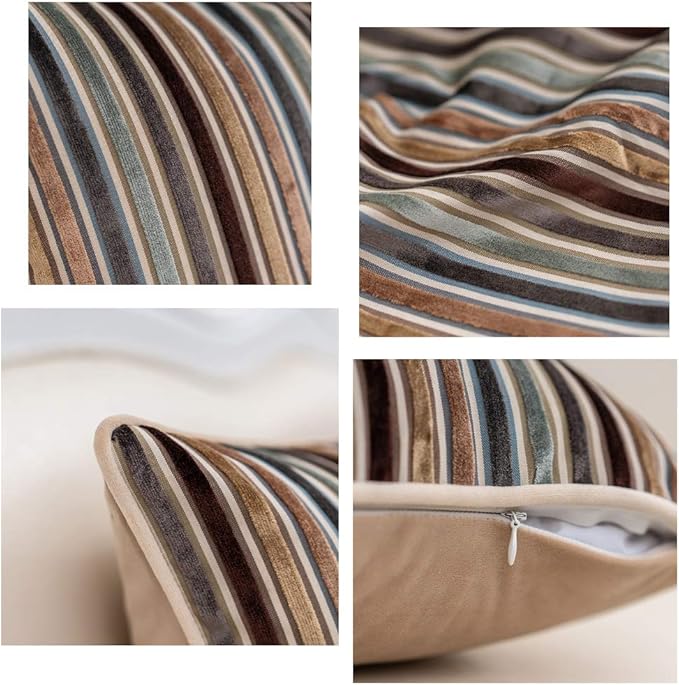 Yangest Brown Striped Throw Pillow Cover Multicolor Velvet Cushion Cover Modern Bohemian Pillowcase for Sofa Couch Bedroom Living Room Home Christmas Decoration,18x18 Inch