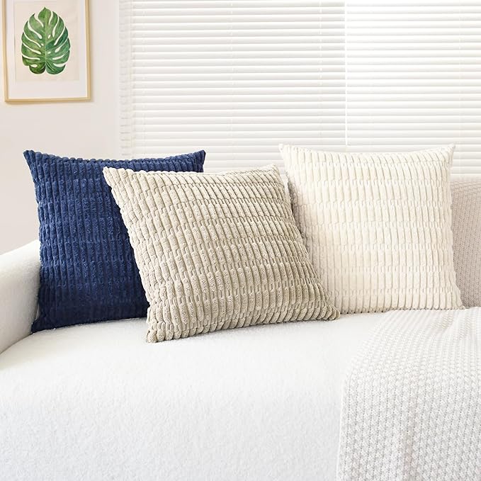 Throw Pillow Covers Pack of 2 Comfy Corduroy Boho Striped Decorative Cushion Cases for Couch Sofa Bed Farmhouse 18 X 18 Inches Beige