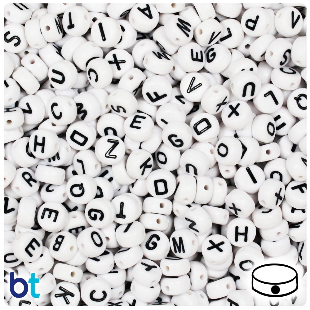 BeadTin White Opaque 7mm Coin Plastic Alpha Beads - Black Letter Mix (250pcs)