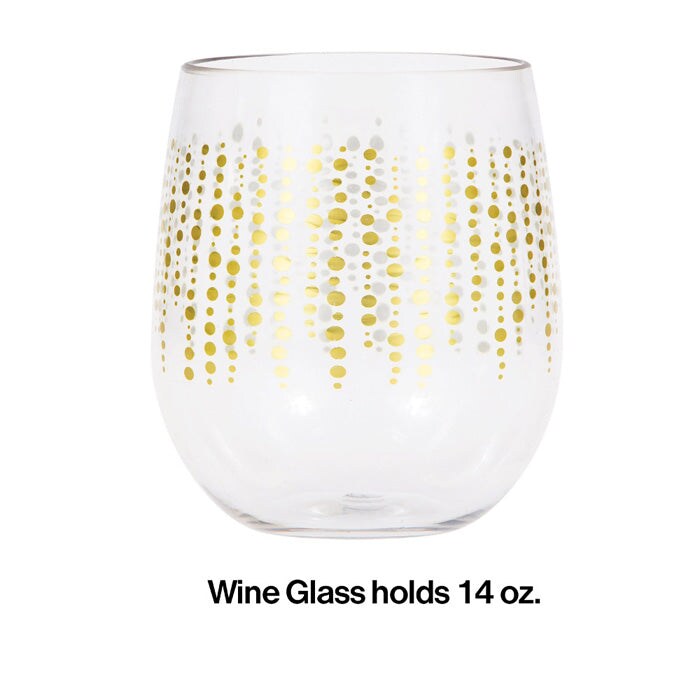 Glittering Gold Dots Plastic Stemless Wine Glass