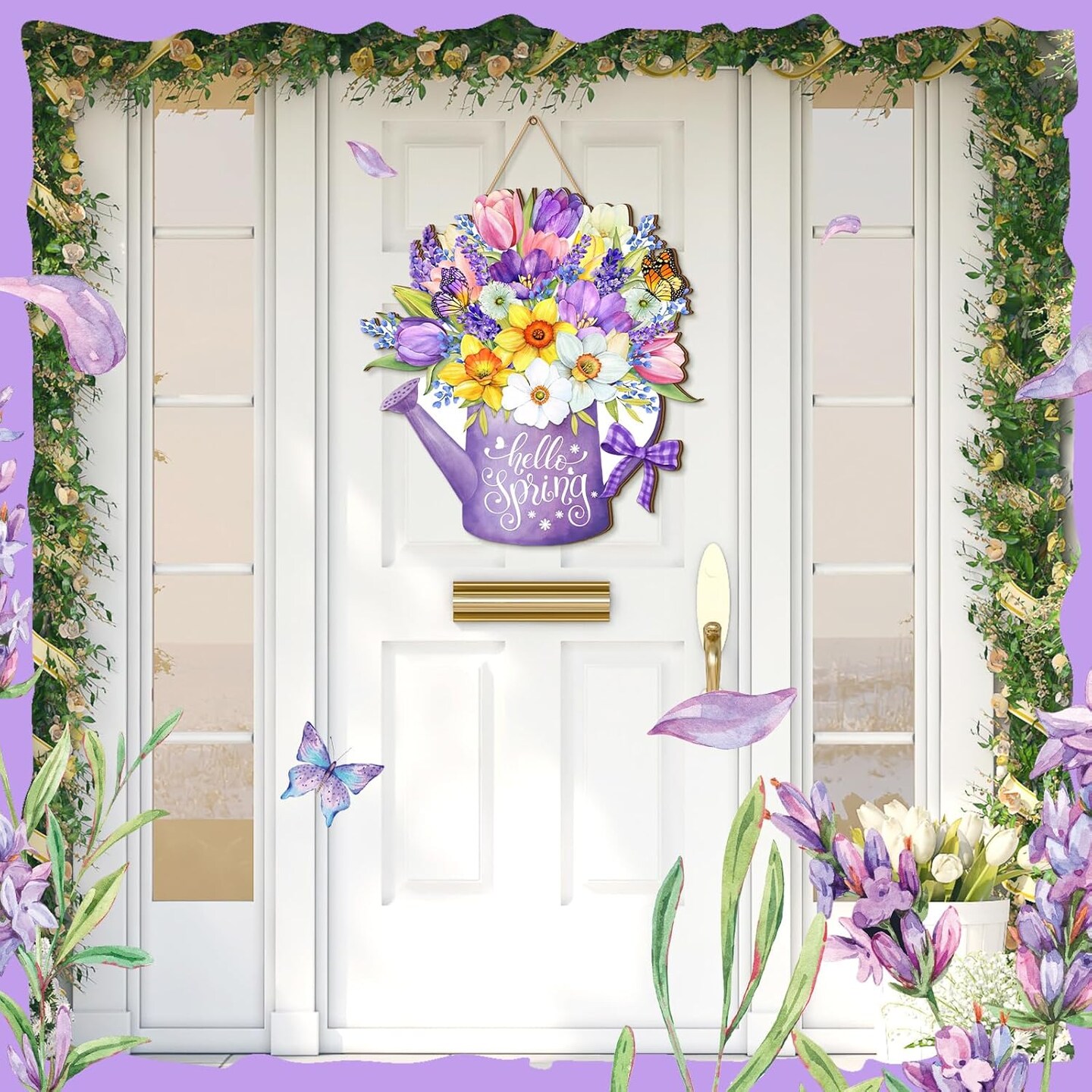 Hello Spring Door Sign – Rustic Wooden Hanging Decor, Flower Wreath Welcome Sign for Front Porch, Wall, or Pediment Decorations