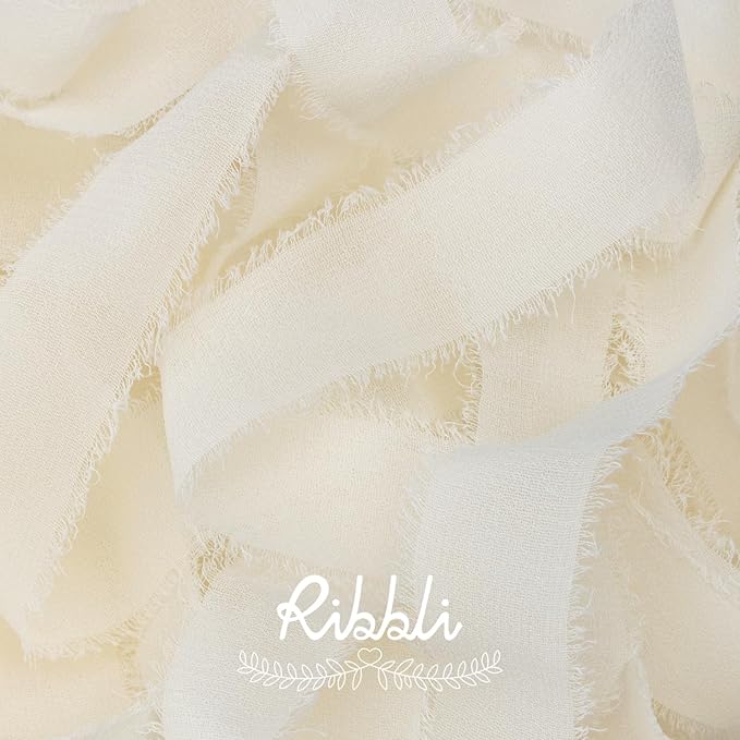 Ivory Ribbon 1 Inch x 3 Rolls Total 24 Yards Ivory Handmade Fringe Chiffon Silk Ribbon for Wrapping Wedding Invitations Bridal Bouquets DIY Crafts Home Decor