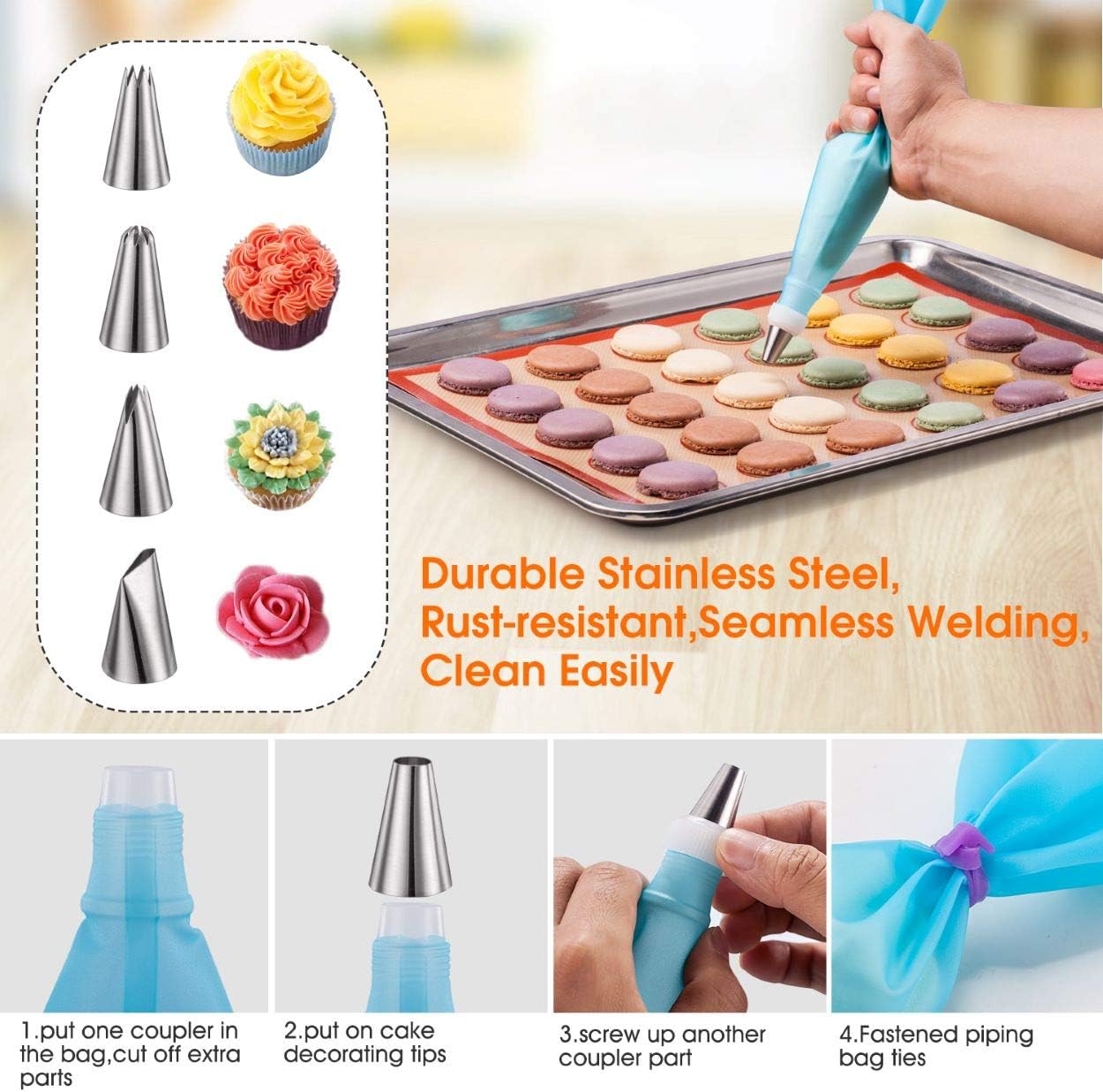 16-Piece Macaron Silicone Baking Mat Kit – Nonstick Half-Sheet Macaroon Mats with 6 Piping Tips, 2 Piping Bags, 2 Couplers & 3 Bag Ties for Baking and Decorating