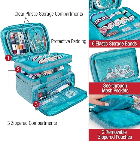 Sewing Accessories Organizer (Bag Only) &#x2013; Double Layer Portable Sewing Storage Bag | 2 Detachable Pouches and 18 Compartments, Large Sewing Supplies &#x26; Crafting Carry-all (Teal)