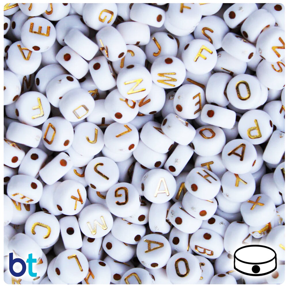 BeadTin White Opaque 7mm Coin Plastic Alpha Beads - Gold Letter Mix (250pcs)