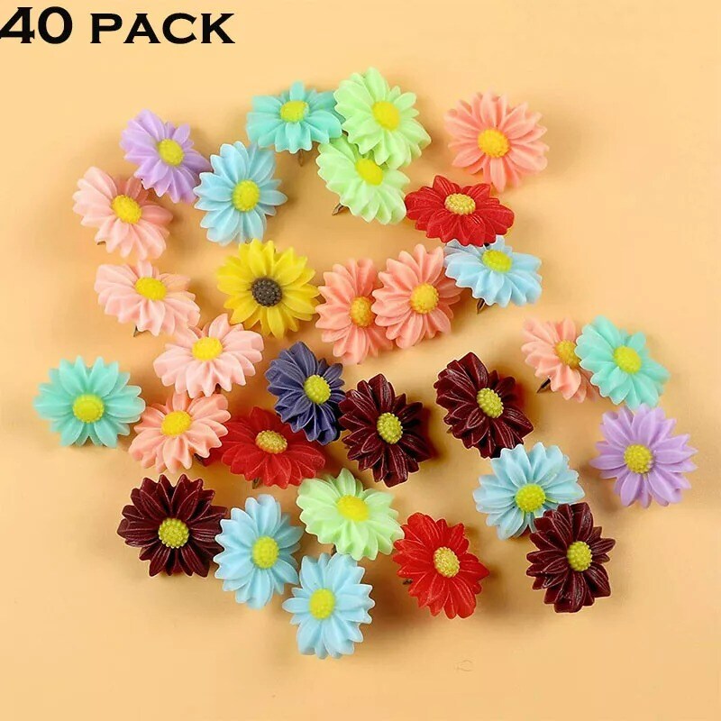 40Pc Push Pin Flowers Thumbtacks Decorative Daisy for Corkboard Map Photo Wall