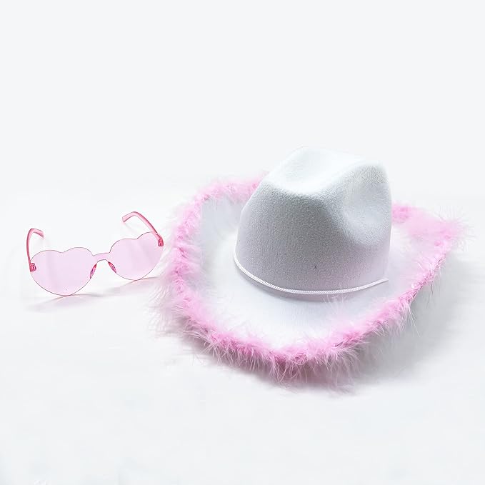 4E&#x27;s Novelty Cowgirl Hat with Pink Feathers &#x26; Heart Shaped Sunglasses, Cowboy Hats for Women Costume Accessory