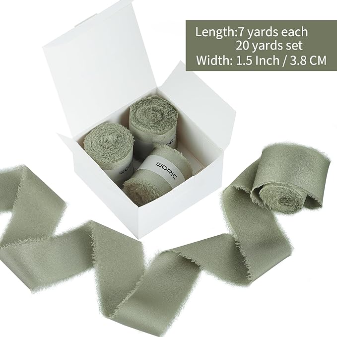 Sage Green Silk Ribbon 1 1/2" x 20 Yard Frayed Edge Light Green Satin Ribbon for Gift Wrapping Party Wedding Invitation Flower Bouquet Holiday Decor