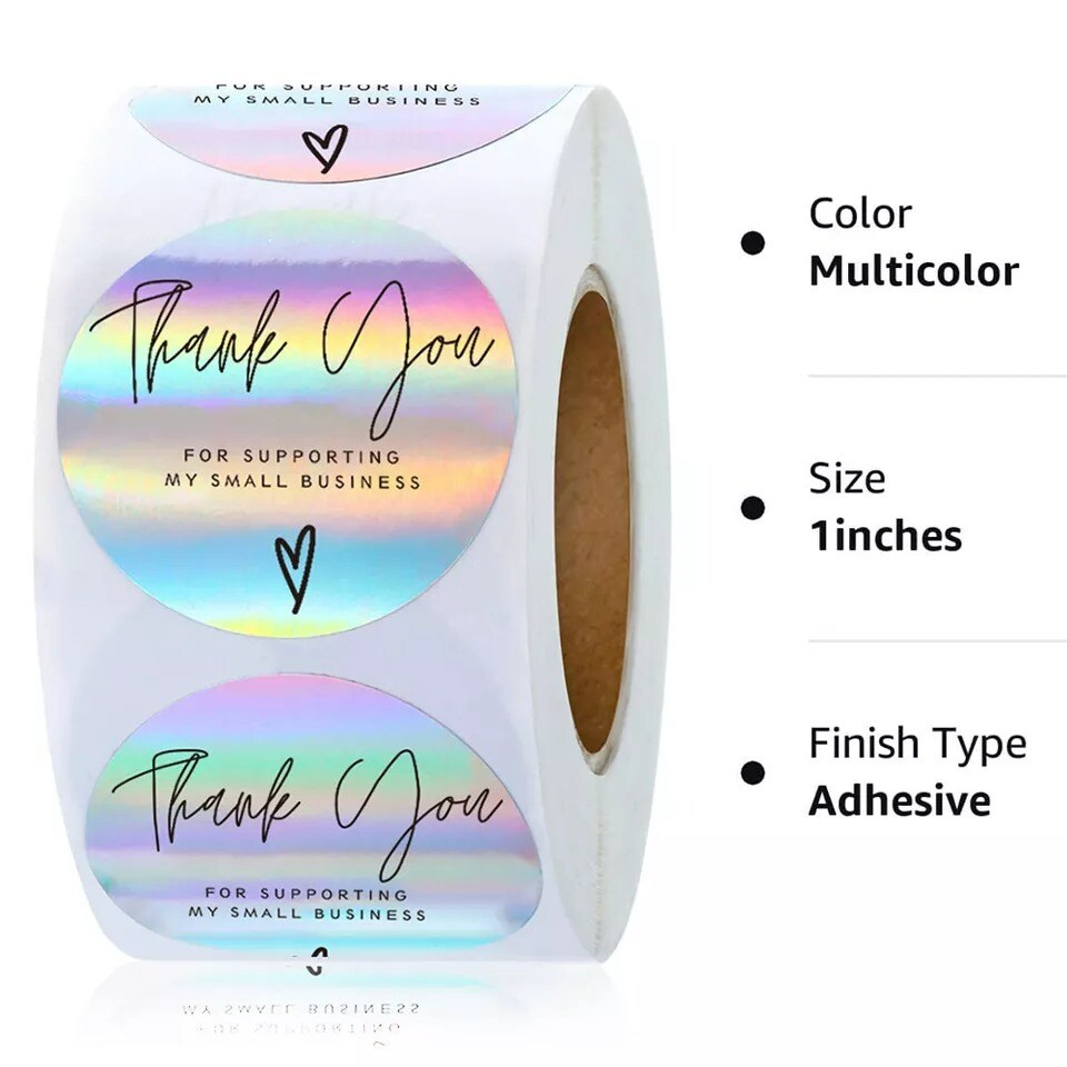 500Pcs Self-Adhesive Thank You Stickers for Small Business Rainbow Holo Stickers