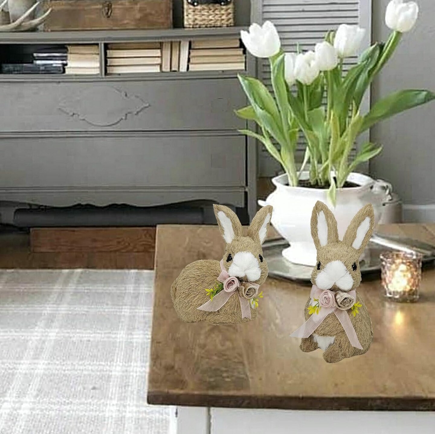 10 Inches Sisal Bunny Easter Decor,Set of 2 Easter Bunny w Spring Decor Bow as Easter Decorations