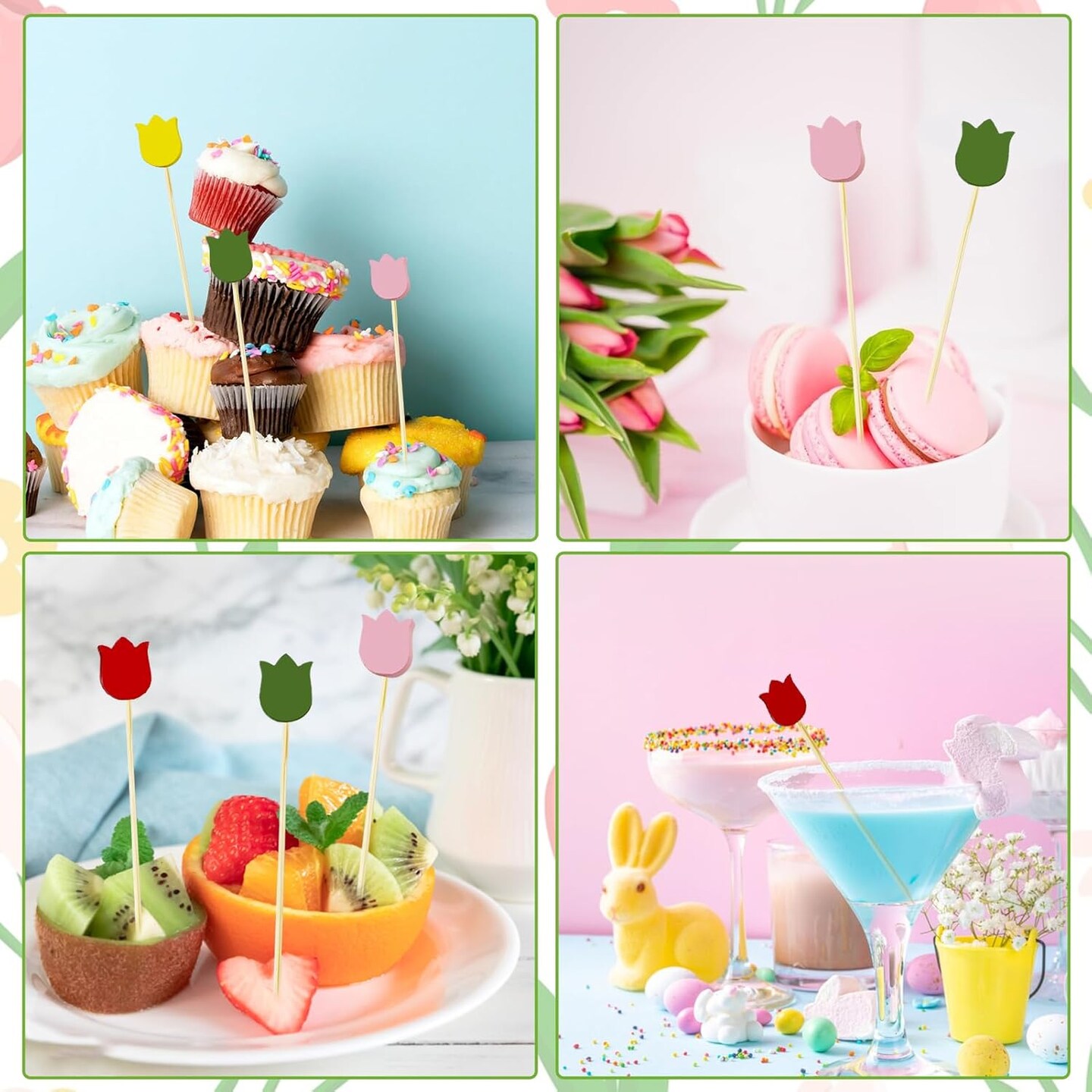 200Pcs Spring Cocktail Picks,Hello Spring Party Decorations, Spring Flower Toothpicks Daisy Sunflower Tulip Floral Decorative Toothpicks for Spring Party Drink Fruit Dessert Decoration,Tulip