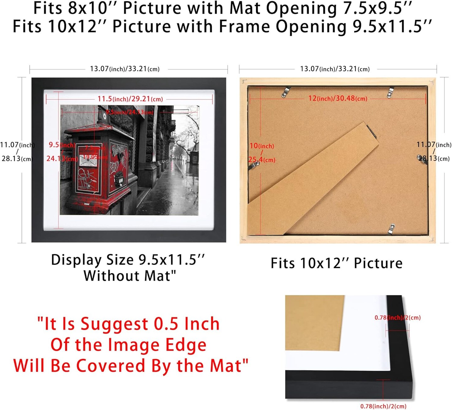 10x12 Picture Frames Black, Solid Wood Display Pictures 8x10 with Mat or 10x12 Without Mat
