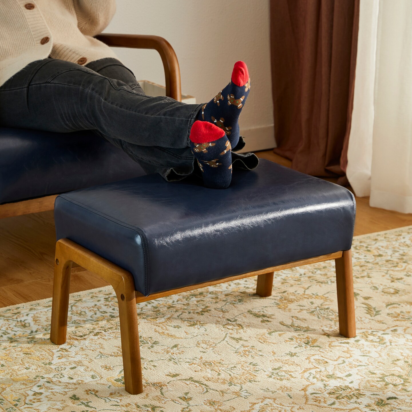 Mid-century Modern Leatherette Accent Stool with Walnut Rubberwood Legs